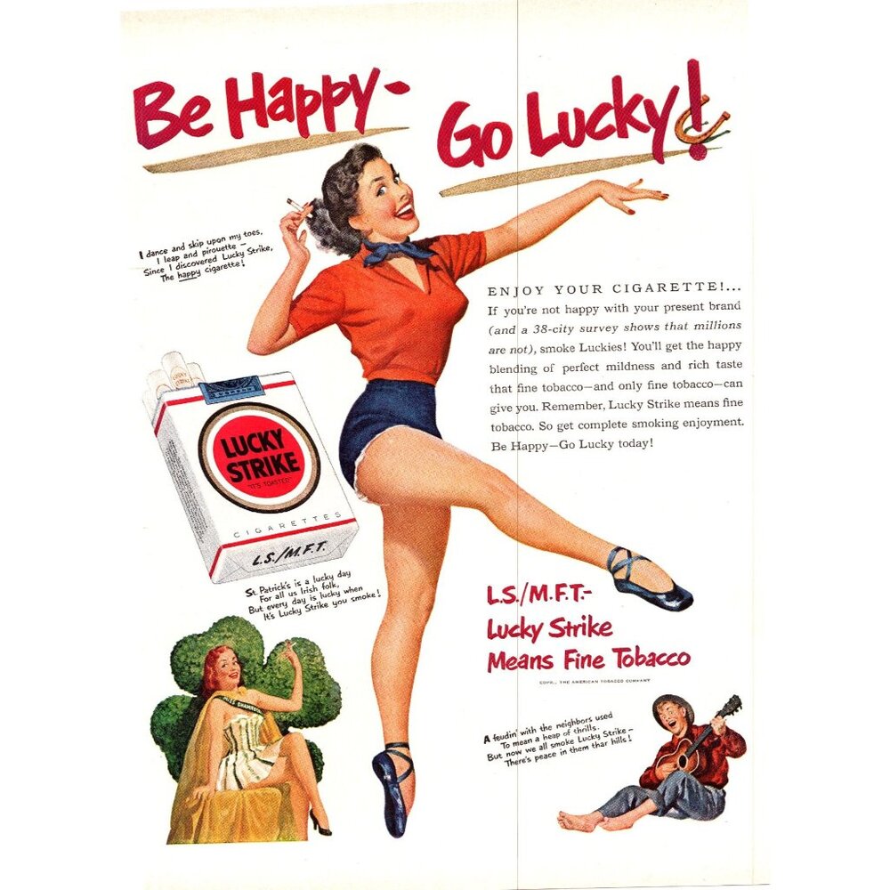 1951 Lucky Strike Cigarettes Vintage Print Ad Miss Shamrock St Patrick Wall Art